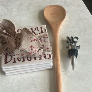 Wooden Spoon and Coaster Set with Wine Stopper